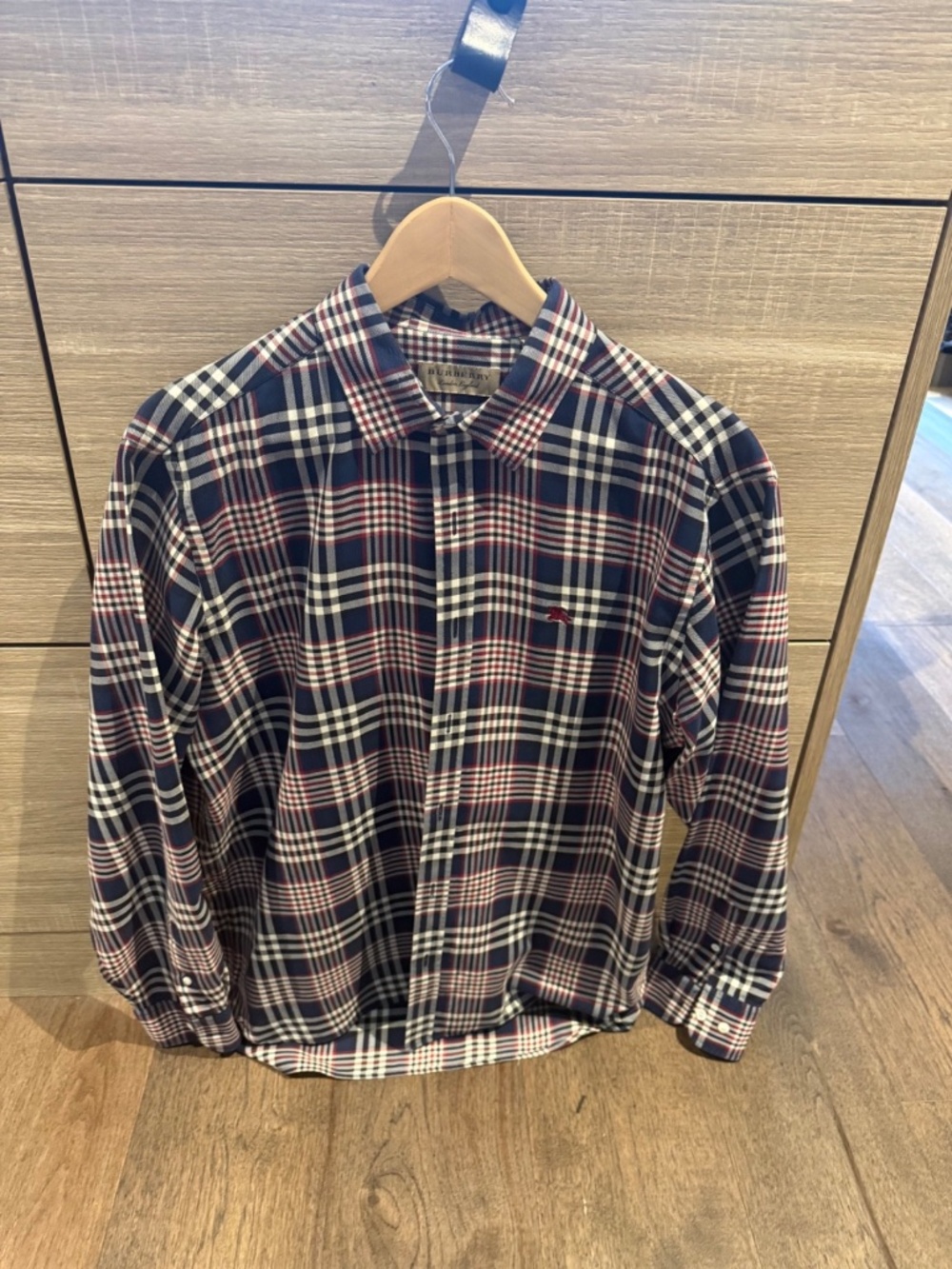 Burberry Men's XL Navy Red Oversized Check Long Sleeve Button Shirt
